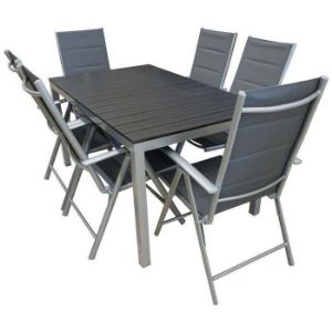 Paveikslėlis Polivinmedžio stalo komplektas + 6 pozicinės kėdės pilkos spalvos