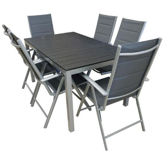 Polivinmedžio stalo komplektas + 6 pozicinės kėdės pilkos spalvos paveikslėlis